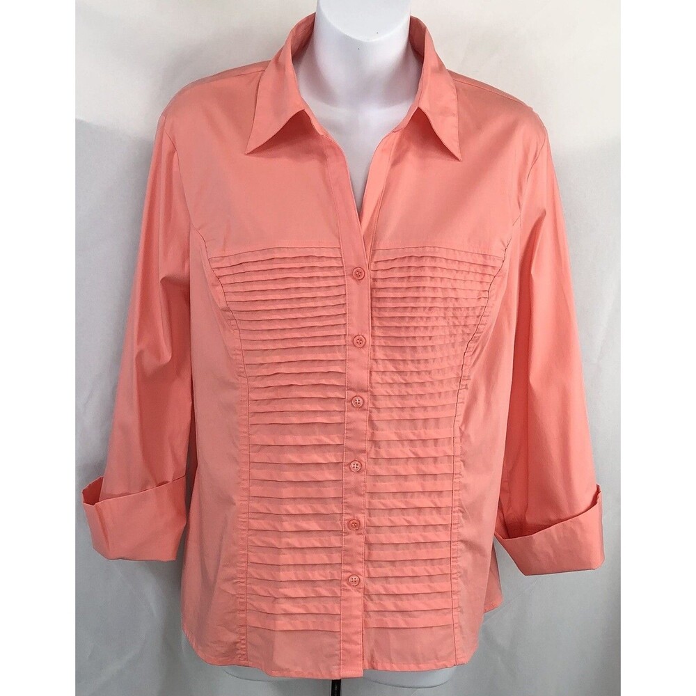 DressBarn button up top L peach Cuffed long sleeve Pleated Front collar Career